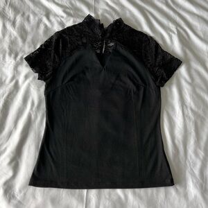 Black V-Cut Lace Insert Mock Neck T-Shirt